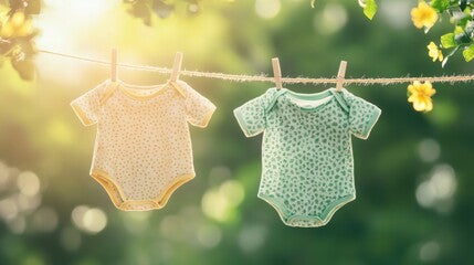 Baby clothing hanging on a washing line in the sunshine