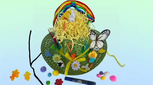 Finished Easter Cowboy Hat with a pipe cleaner rainbow and colourful decorations