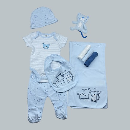 9 Piece baby Clothing Set, blue with a Tiger theme