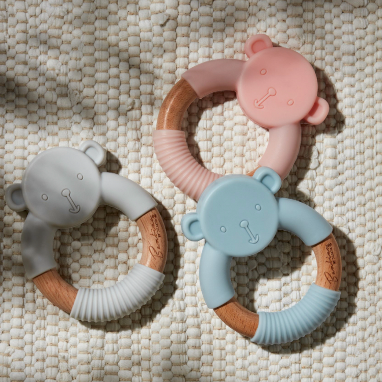 Eco-friendly wooden and silicone Teddy baby teether in pink, blue or grey — Bambino by Juliana