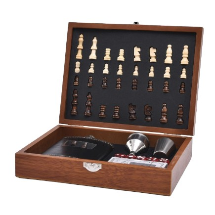Men's Gift by Harvey Makin, All in One Wooden case containing a Chessboard and pieces, dice, deck of cards, flask and cocktail accessories
