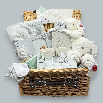 White & Grey baby gift Wicker Hamper containing baby blanket, photo frame, cups, keepsake box, 4x soft plush toys, Brush & Comb Set, 2x sign/ plaques, washcloths, socks, childs farm mini bath wash set & booties