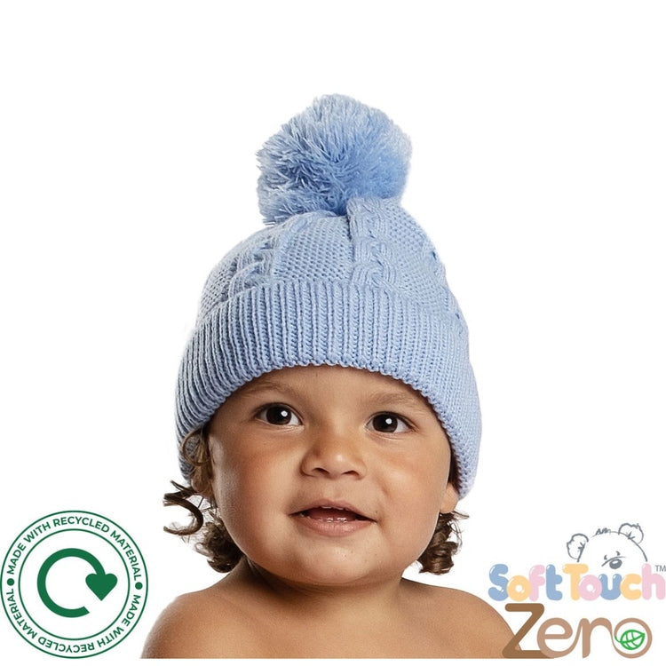 Recycled Acrylic Blue Cable Knit Bobble Hat | Eco-Friendly Baby Hat