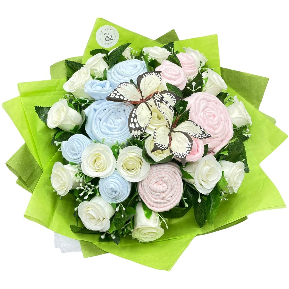 Love & Tiers Ltd Twin Delight: Pink & Blue Clothing Bouquet Bouquet, Occasions, Twin