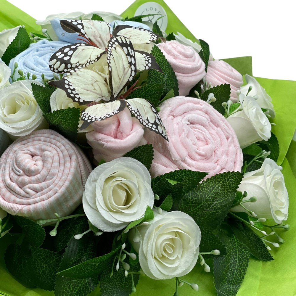 Love & Tiers Ltd Twin Delight: Pink & Blue Clothing Bouquet Bouquet, Occasions, Twin