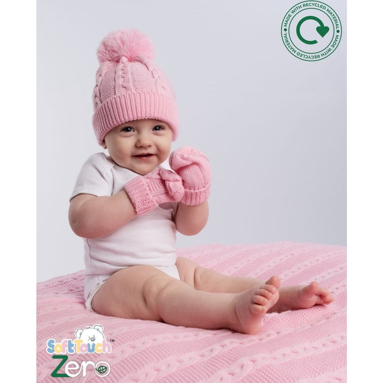 Recycled Acrylic Pink Cable Knit Bobble Hat with matching Mittens and Baby Blanket | Eco-Friendly Baby Hat