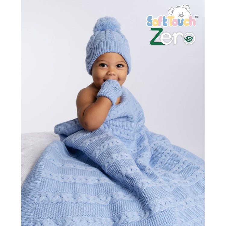 Recycled Acrylic Blue Cable Knit Bobble Hat with matching Mittens and Baby Blanket | Eco-Friendly Baby Hat