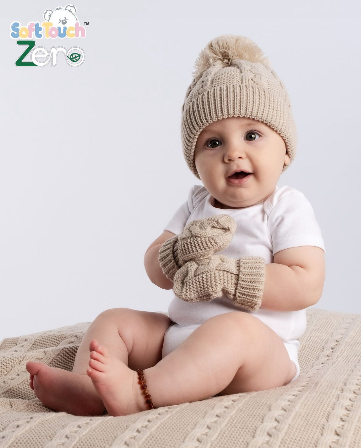Recycled Biscuit Acrylic Cable Knit Mittens with matching Hat and Baby Blanket | Eco-Friendly Baby Mittens with Turnover Cuffs