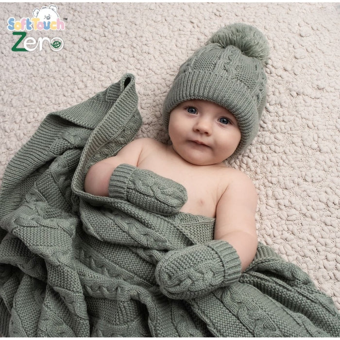 Recycled Sage Green Acrylic Cable Knit Wrap with Pom Poms with matching bobble hat and mittens from Soft Touch Babywear