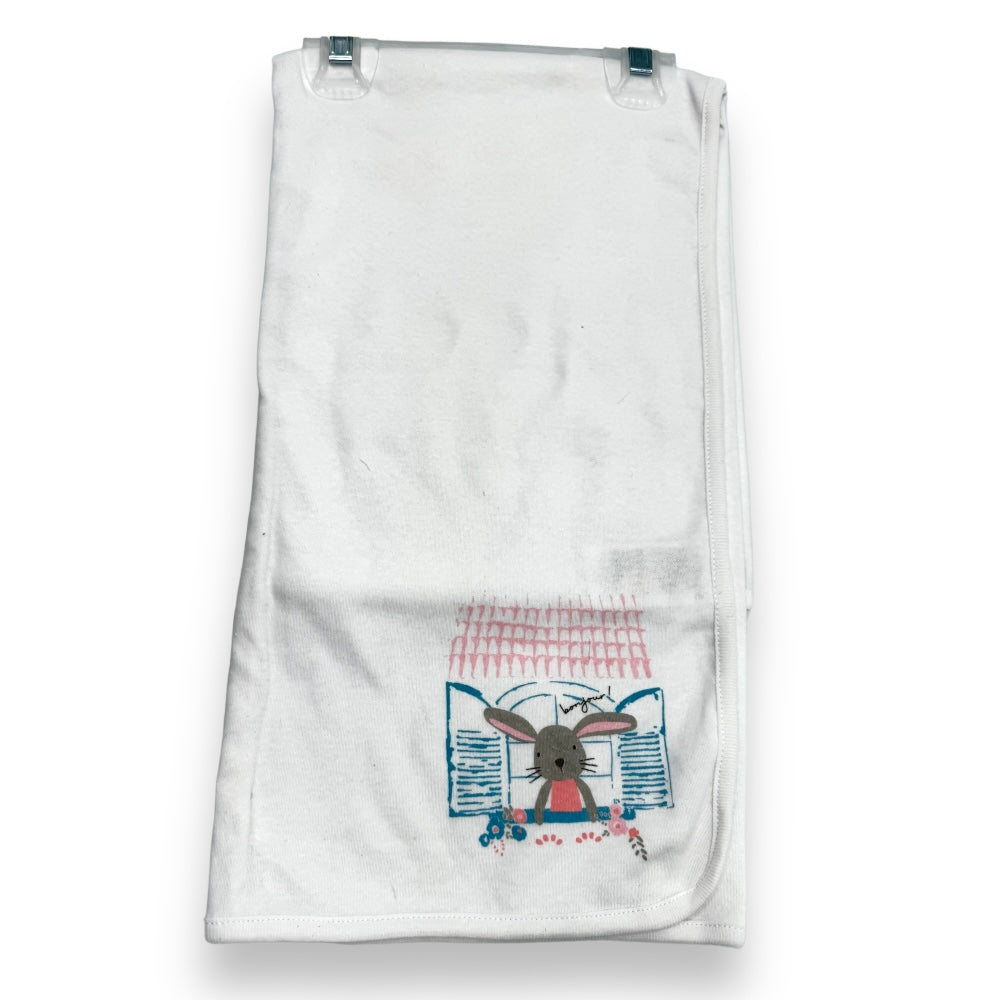 White blanket with grey/brown bunny print