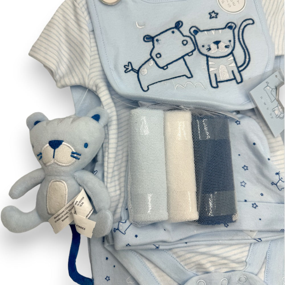 Tiger and Hippo Delight: 9-Piece Baby Blue Layette Gift Set