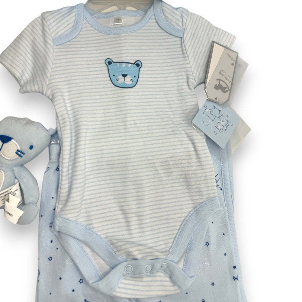 Tiger and Hippo Delight: 9-Piece Baby Blue Layette Gift Set