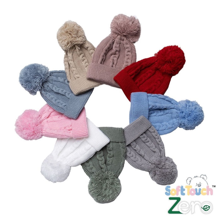Recycled Acrylic Cable Knit Bobble Hats in various colours | Eco-Friendly Baby Hat