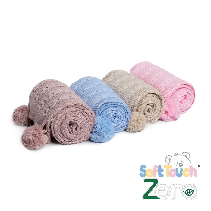 Pink Cable Knit Baby Wrap with Pom Poms - Eco-Friendly by Soft Touch Babywear
