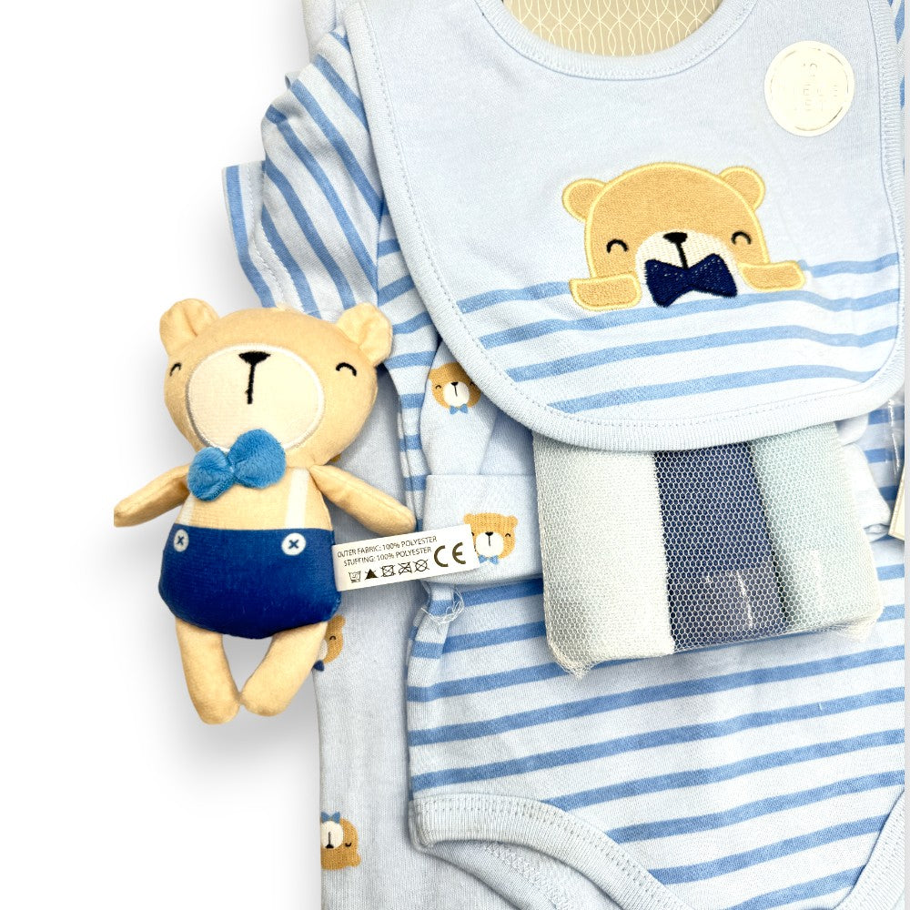 Soft brown bear toy, Blue and striped baby bib with embroidered bear and three baby washcloths in blue tones
from Bear Hug gift set