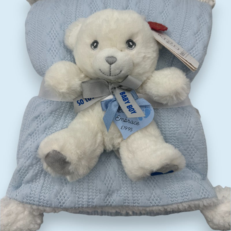 "Blue Embrace" Knitted Baby Blanket with Sherpa & Personalised Teddy