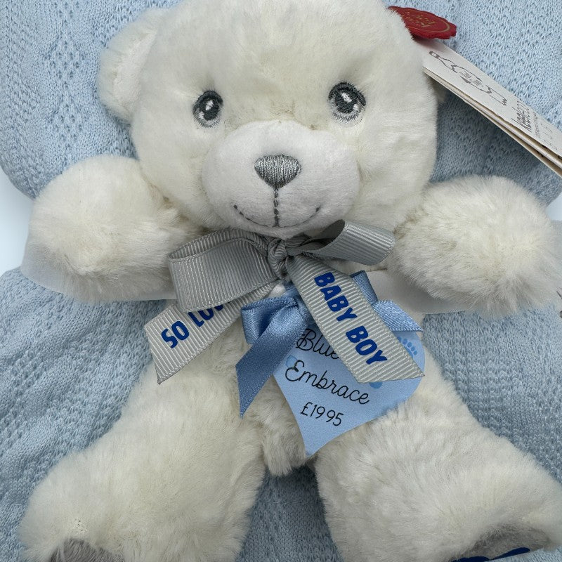 "Blue Embrace" Knitted Baby Blanket with Sherpa & Personalised Teddy
