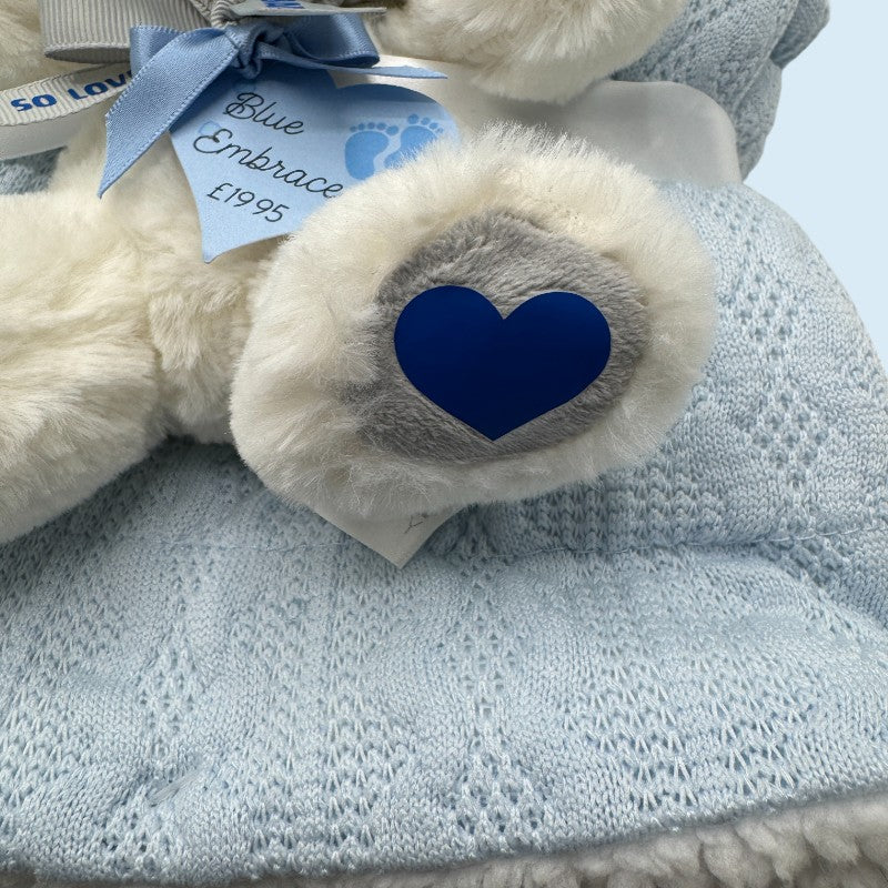 "Blue Embrace" Knitted Baby Blanket with Sherpa & Personalised Teddy