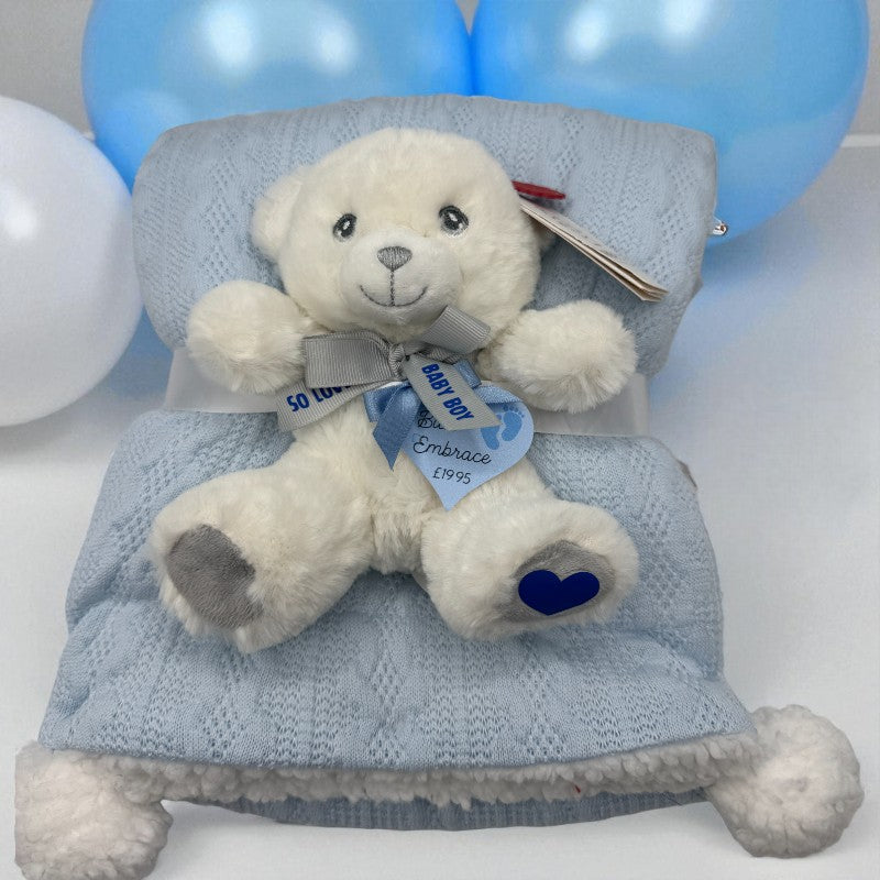"Blue Embrace" Knitted Baby Blanket with Sherpa & Personalised Teddy