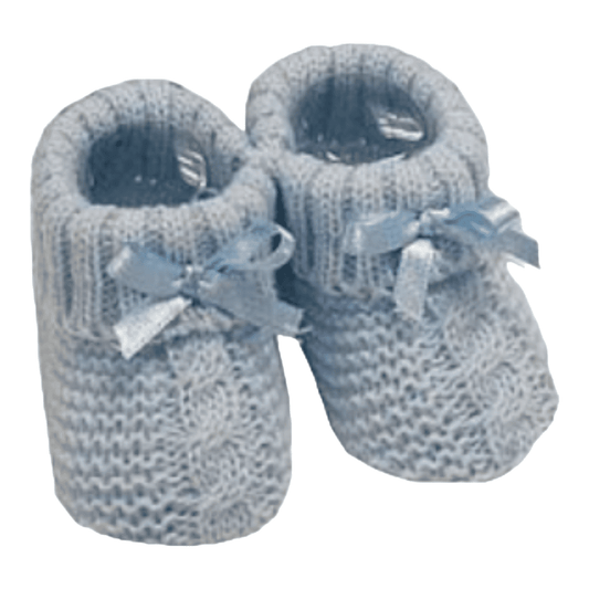 Blue Knitted Baby Booties With Satin Bow Nursery Time Apparel, Baby Shower, Blue, Booties, Boy Gifts, Boys, Brother, Build Your Own Hamper, Gender Reveal, him, Kids Wholesale, Nursery Time, Shower, Twin