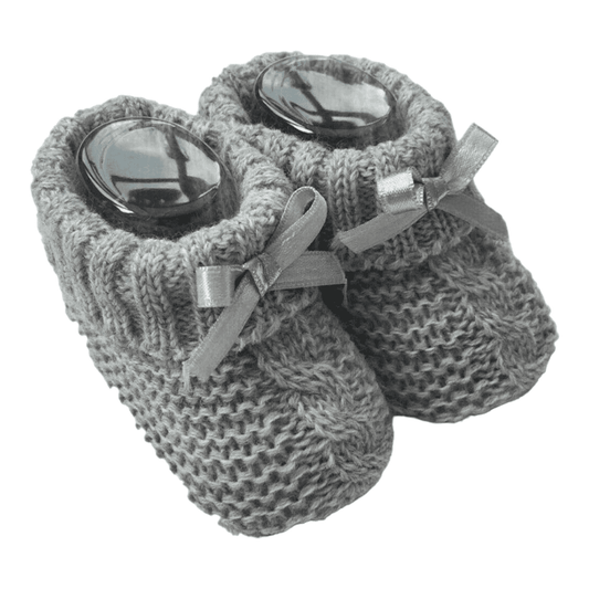 Grey Knitted Baby Booties With Satin Bow Nursery Time Apparel, Baby Shower, Booties, Build Your Own Hamper, Grey, Kids Wholesale, Nursery Time, Shower, Twin, Unisex