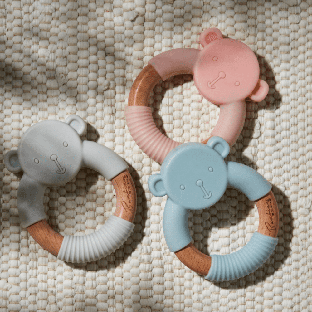 Sustainable wooden ring teether with teddy bear design