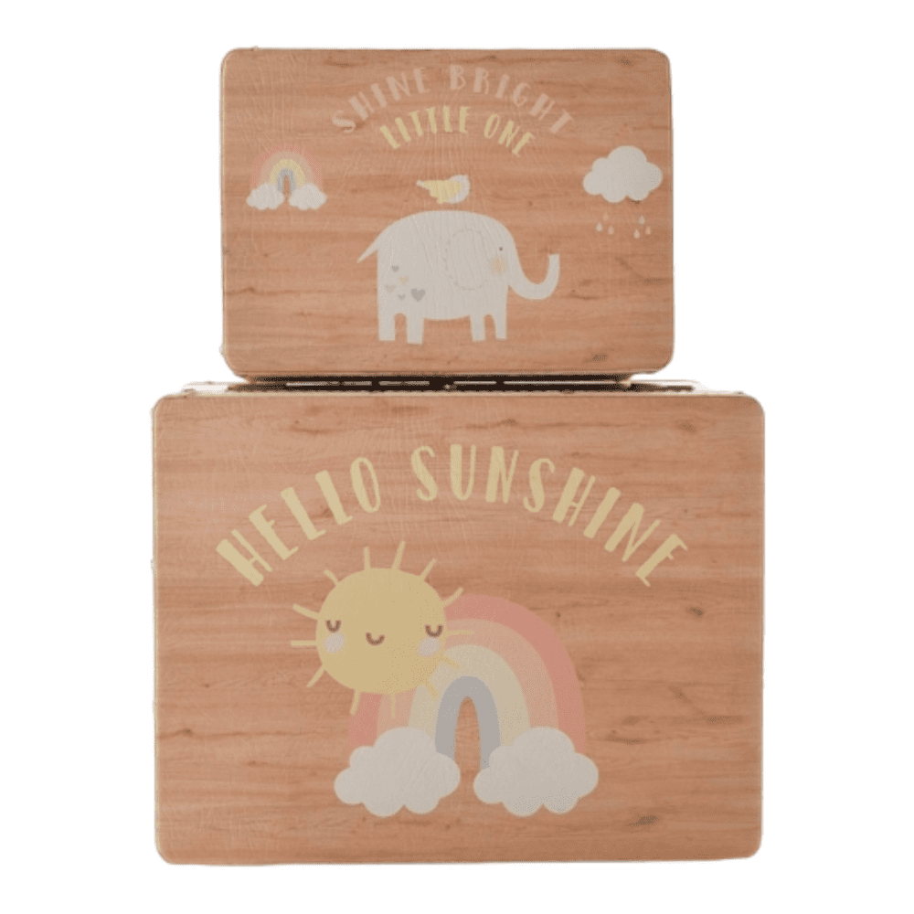 Set of 2 MDF storage boxes with illustrations of Elephants and Rainbows