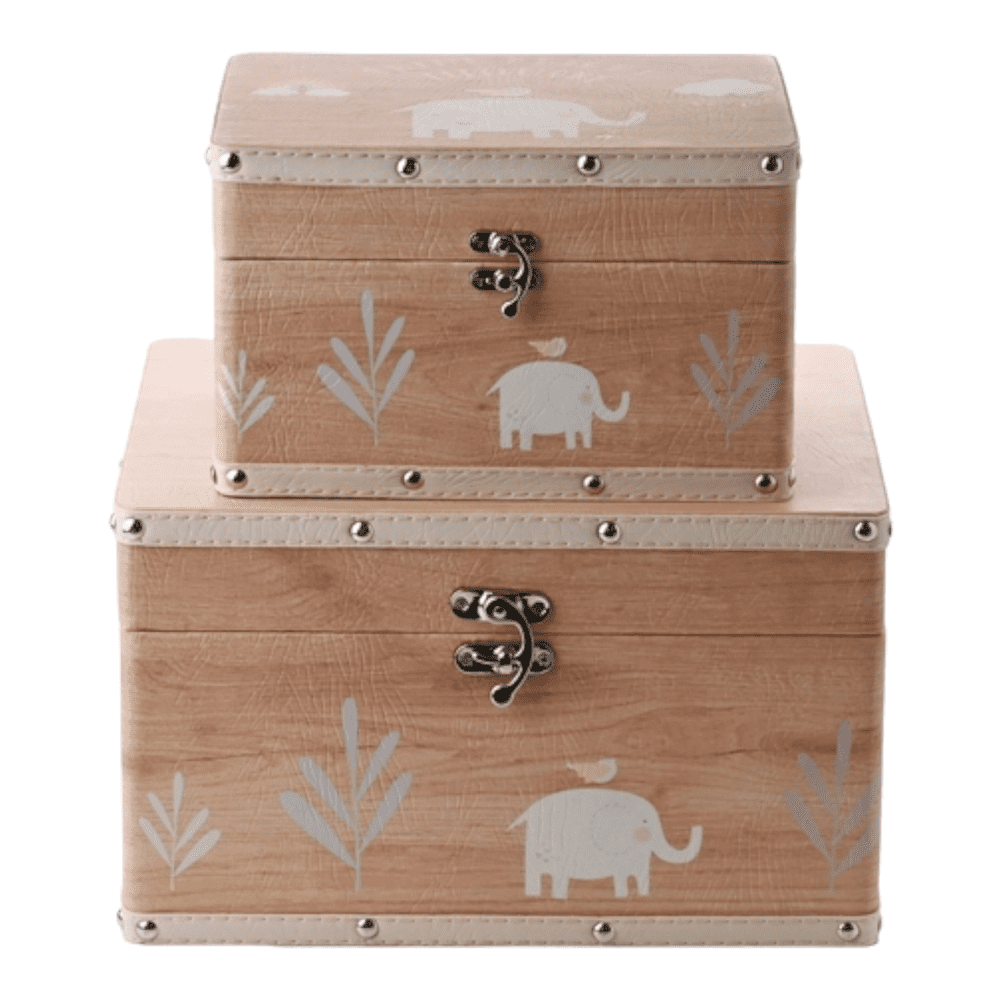Set of 2 Petit Cheri storage boxes with elephant illustrations and gold lock