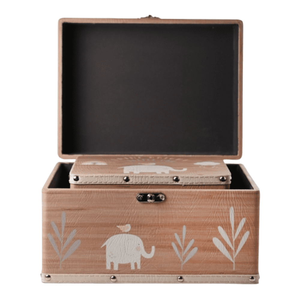 Set of 2 Petit Cheri storage boxes with elephant illustrations and gold lock. Beautiful Nursery/ Baby Keepsakes