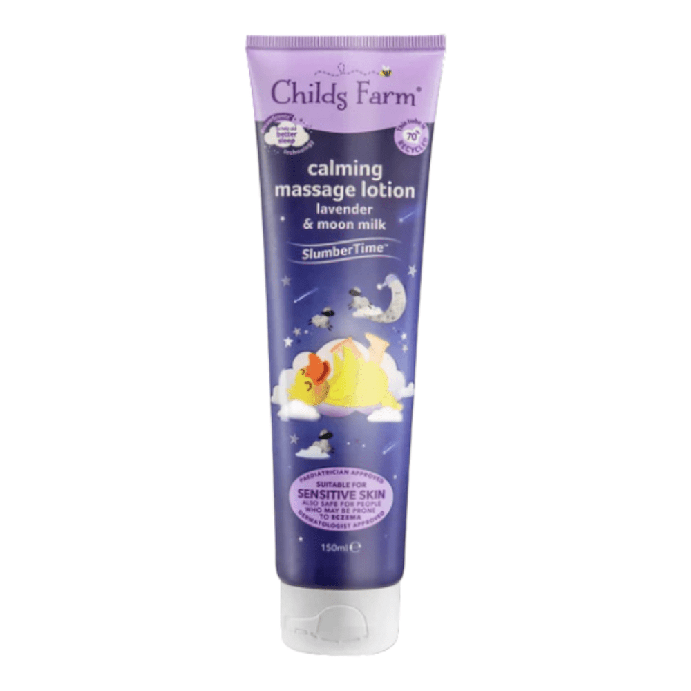 Childs Farm SlumberTime™ calming massage lotion, lavender and moon milk baby lotion. Soothing massage lotion for babies