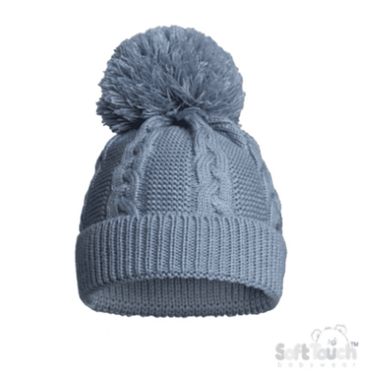 Recycled Dusty Blue Acrylic Cable Knit Pom Pom Hat Soft Touch Apparel, Blue, Boy Gifts, Boys, Brother, Build Your Own Hamper, Eco, Gender Reveal, Hats, him, Kiddies World, Soft Touch, Twin