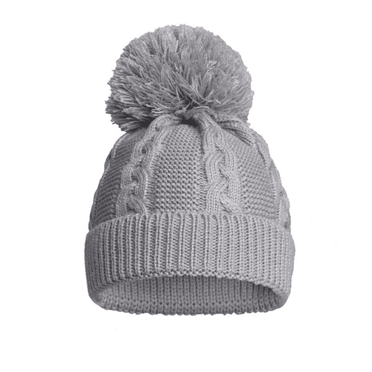 Recycled Grey Acrylic Cable Knit Bobble Hat Soft Touch Apparel, Build Your Own Hamper, Eco, Grey, Hats, Kiddies World, Soft Touch, Twin, Unisex