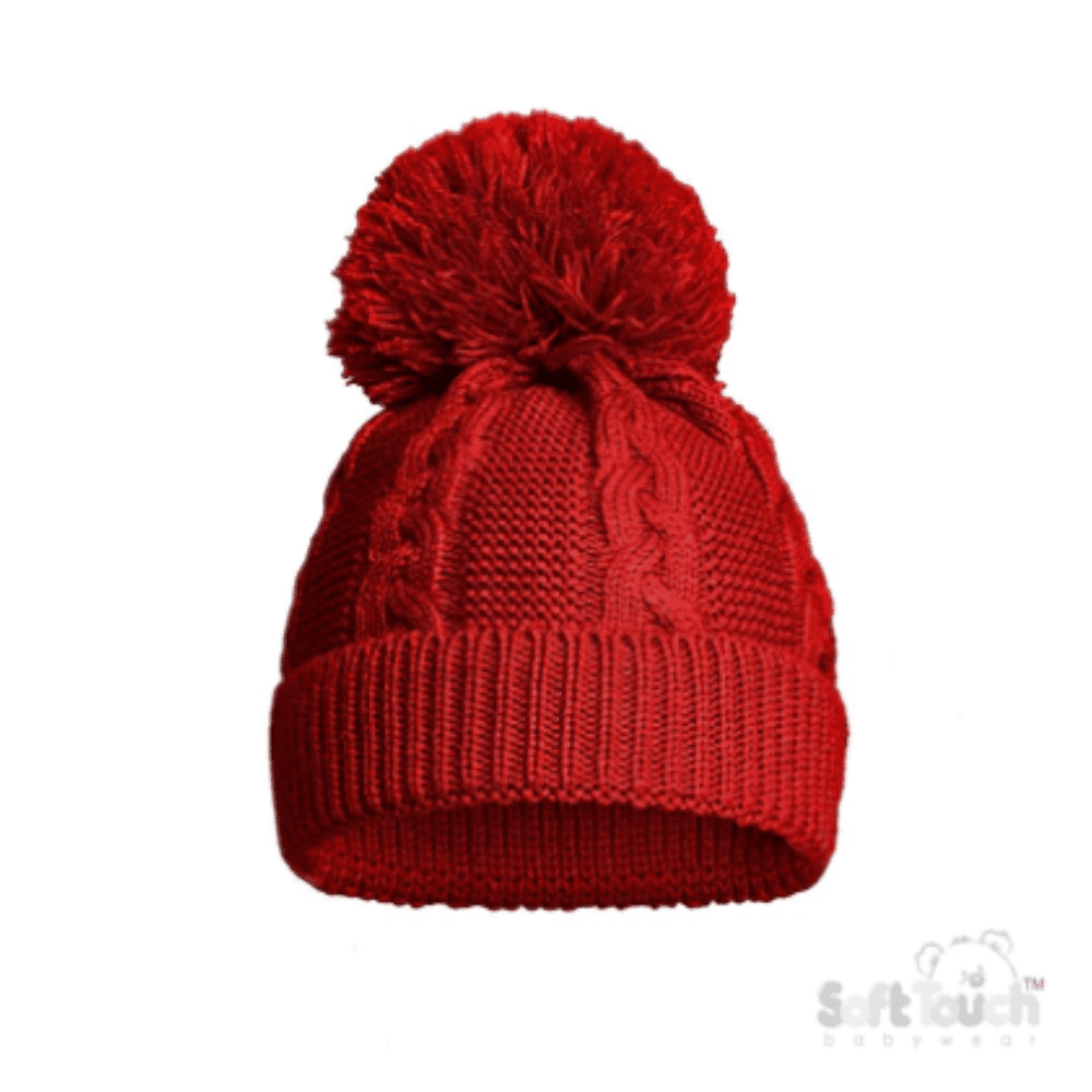Recycled Red Acrylic Cable Knit Bobble Hat Soft Touch 1st Christmas, Apparel, Build Your Own Hamper, Christmas, Eco, Hats, Kiddies World, Occasions, Soft Touch, Twin, Unisex