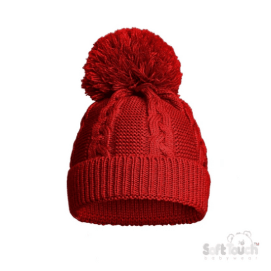 Recycled Red Acrylic Cable Knit Pom Pom Hat Soft Touch 1st Christmas, Apparel, Build Your Own Hamper, Christmas, Eco, Hats, Kiddies World, Occasions, Soft Touch, Twin, Unisex