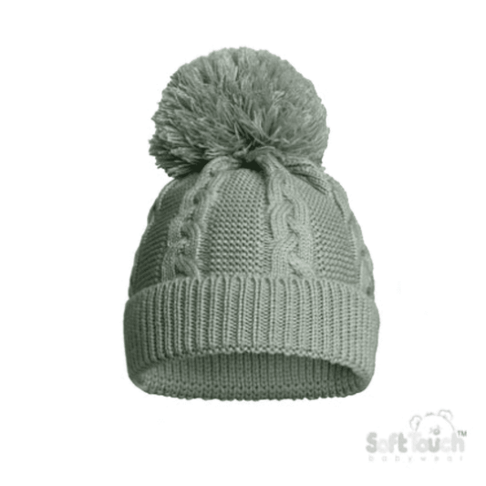 Recycled Sage Green Acrylic Cable Knit Pom Pom Hat Soft Touch Apparel, Build Your Own Hamper, Christmas, Eco, Hats, Kiddies World, Occasions, Soft Touch, Twin, Unisex