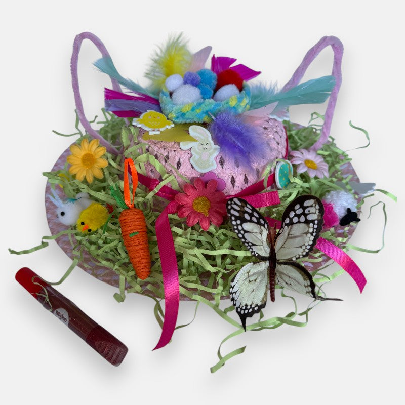 An Easter bonnet with colourful decorations, perfect for Easter bonnet parades and crafting fun.