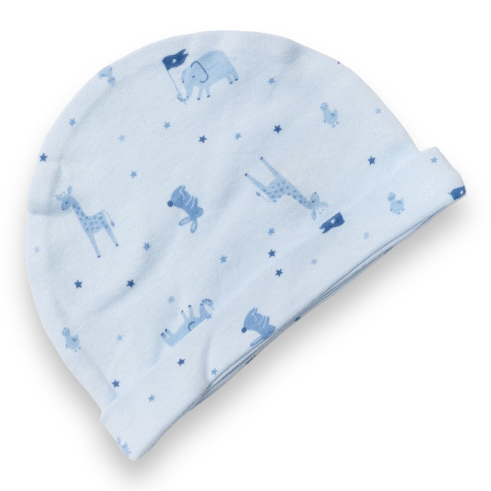 Baby blue hat with elephant, giraffe, and bunny print