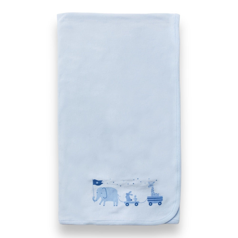 Blue baby blanket with elephant and giraffe print