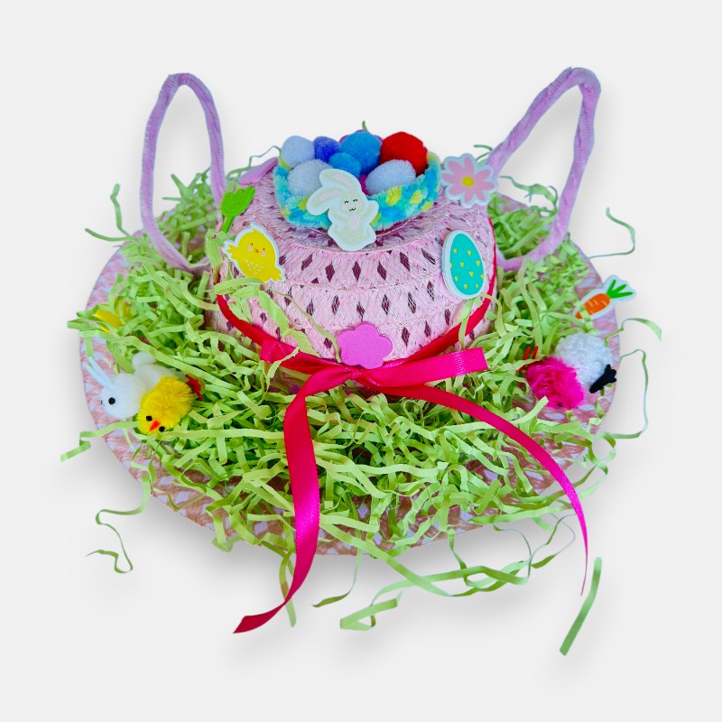 Handmade Easter Bonnet – A completed Easter bonnet, fully decorated with bright and cheerful Easter-themed accessories.