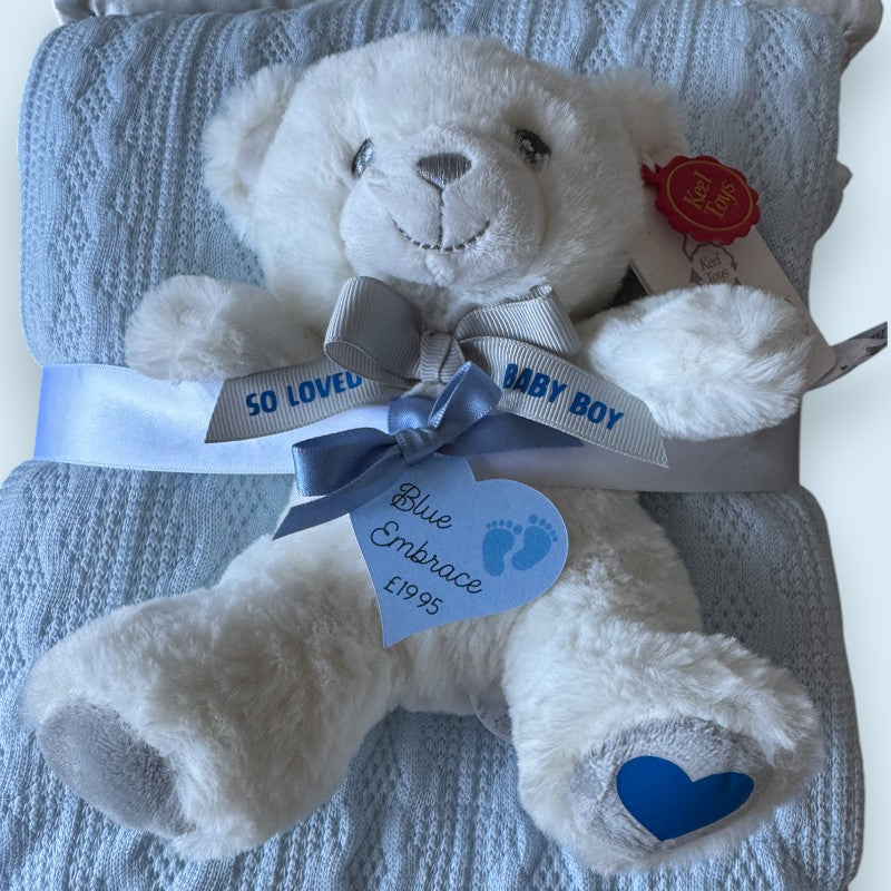 "Blue Embrace" Knitted Baby Blanket with Sherpa & Personalised Teddy