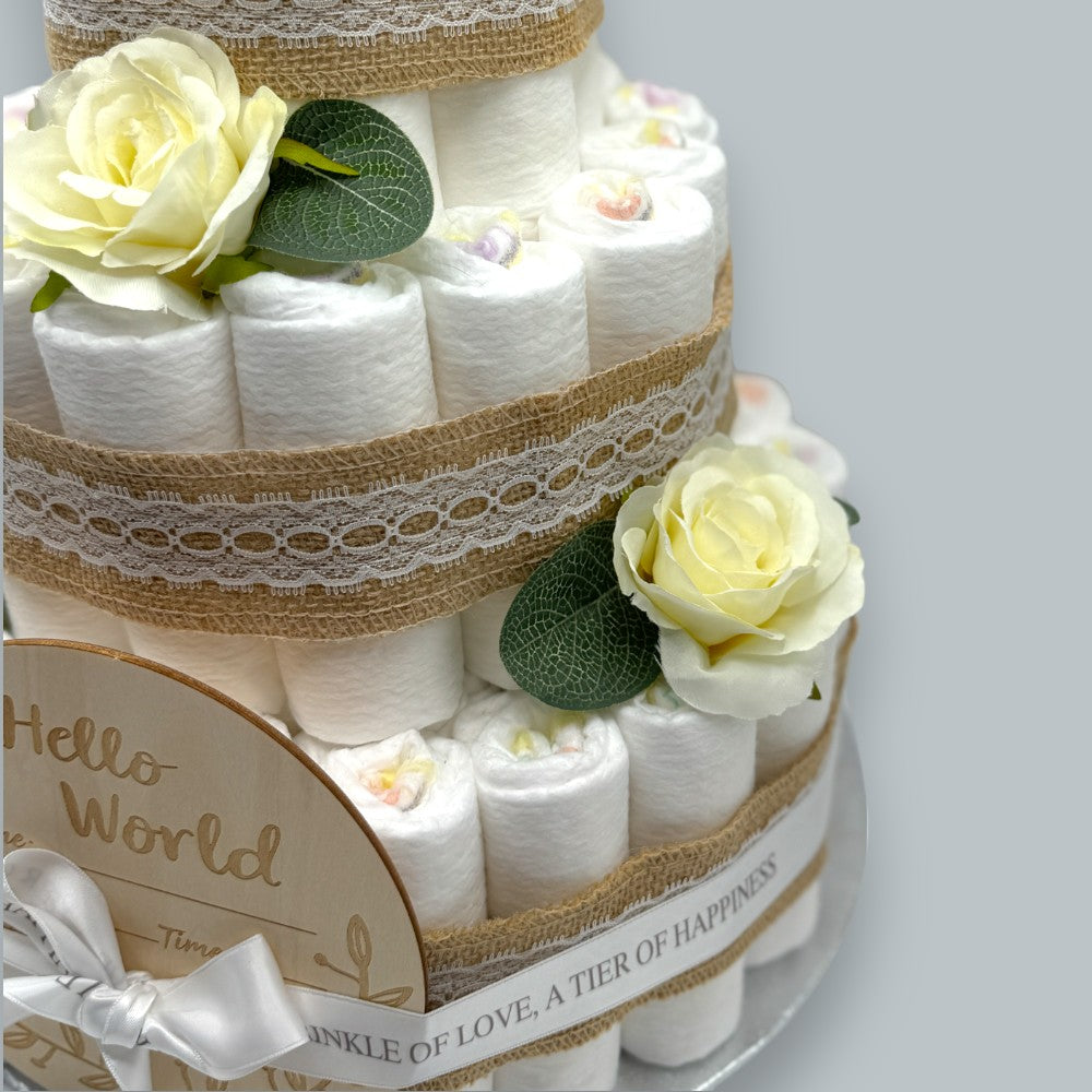 Elegant 3-Tier Nappy Cake with hessian and lace