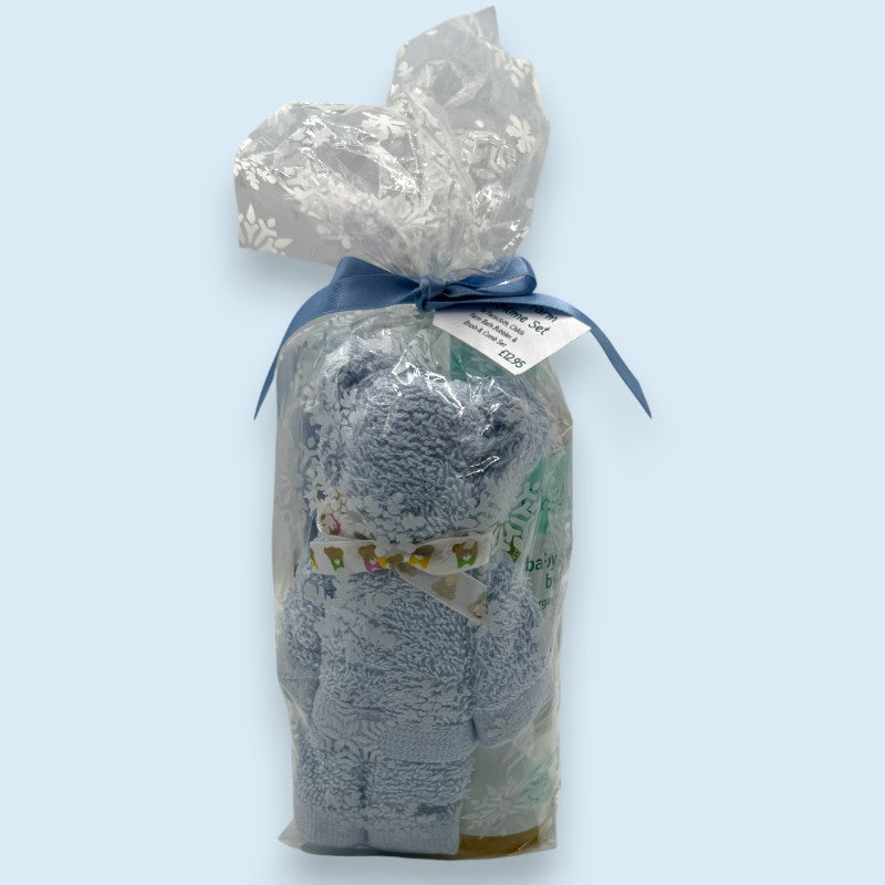 Blue Childs Farm Bath Gift - Gift Ready in Seasonal wrap pattern cellophane on a light blue background