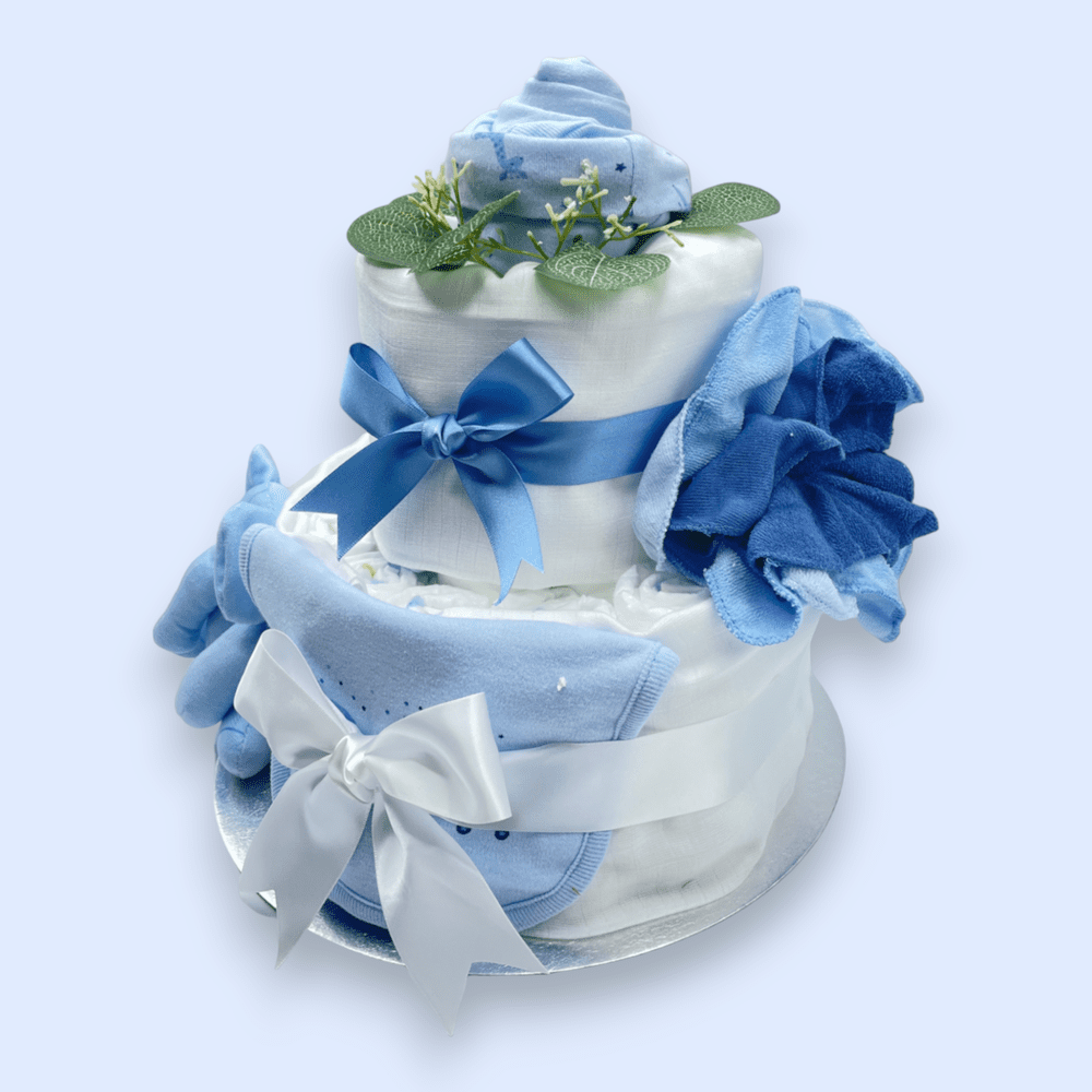 Left Side view of 2-Tier Nappy Cake with blue and white colour palette