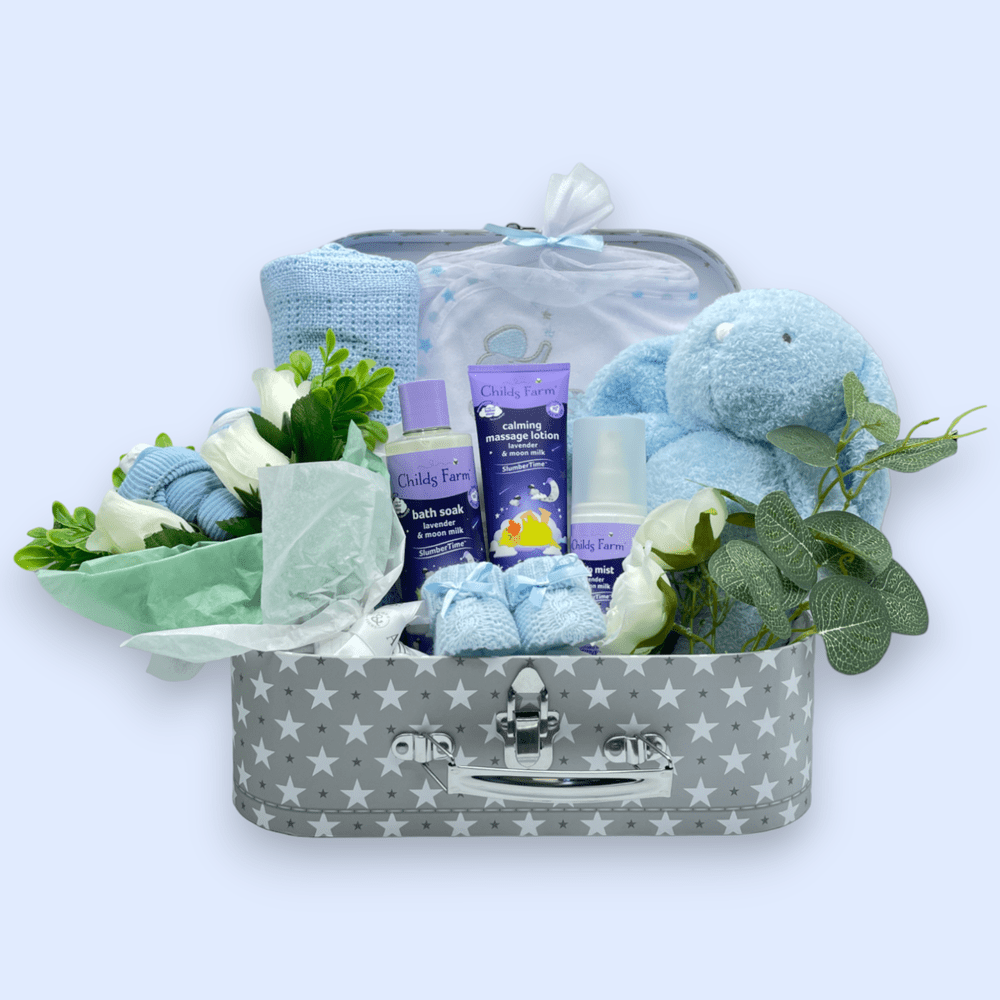 Childs Farm Slumber Time Large Suitcase Hamper with Bouquet (Blue)