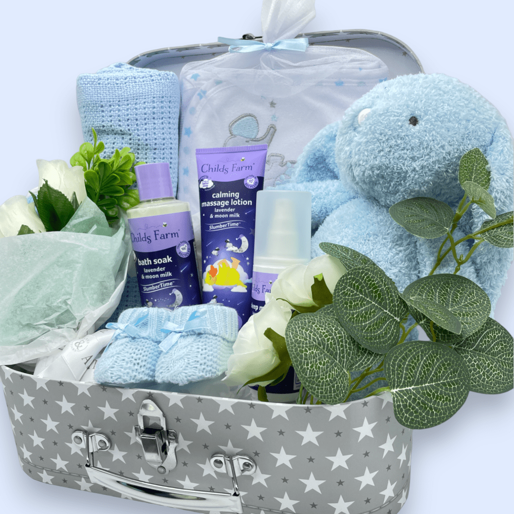 Childs Farm Slumber Time Large Suitcase Hamper with Bouquet (Blue) - close Up