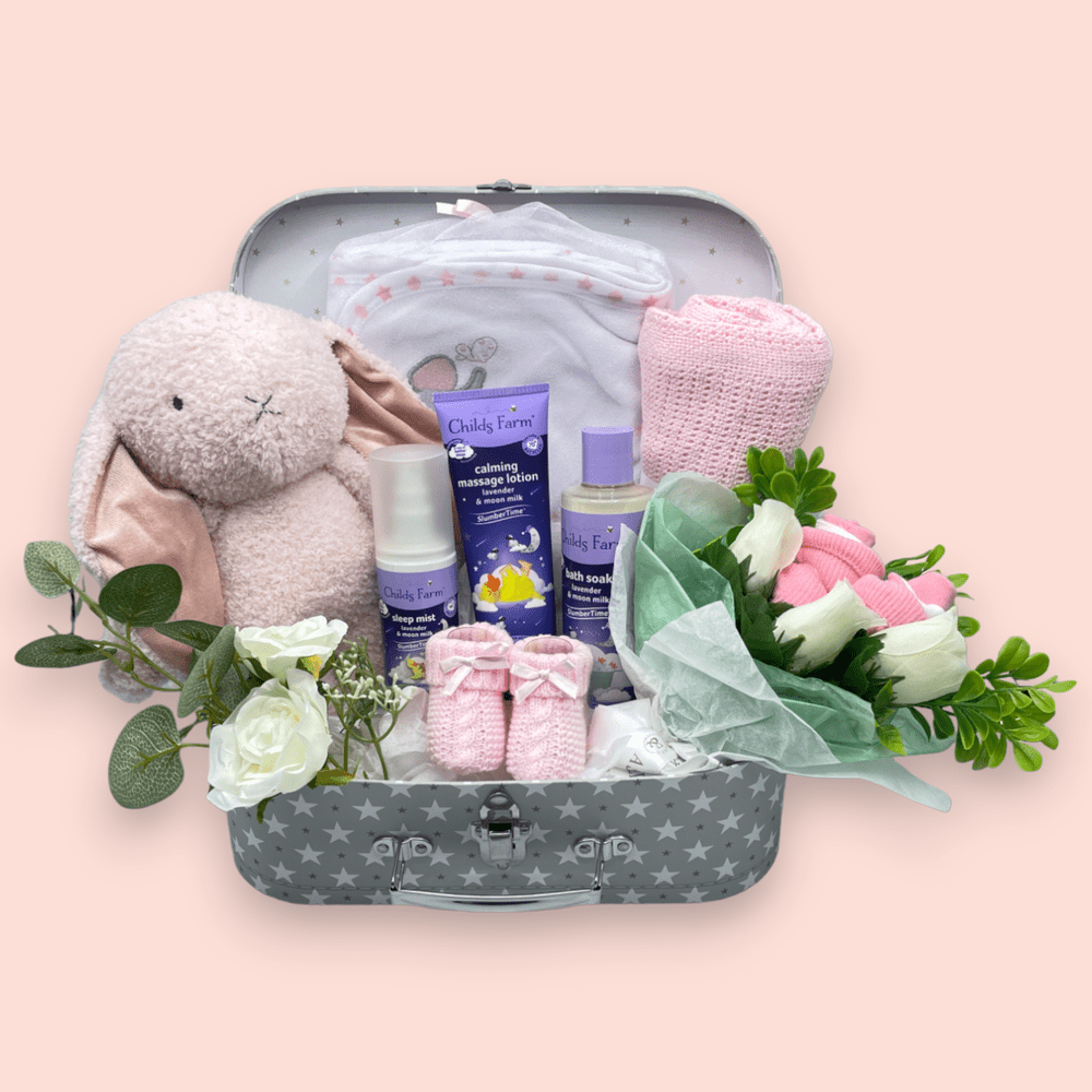 Childs Farm Slumber Time Large Suitcase Hamper with Bouquet (Pink)