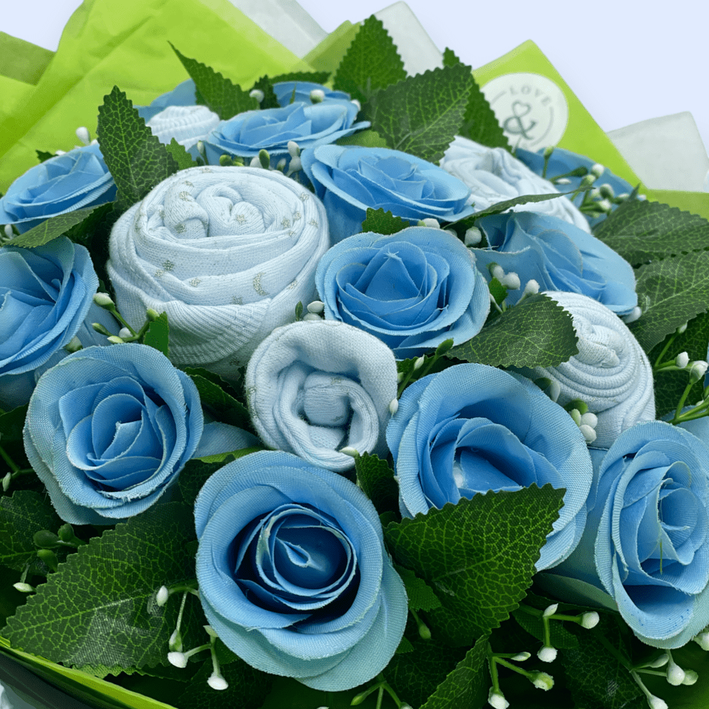 Love & Tiers Ltd Sweet Beginnings Baby Clothes & Roses Bouquet Blue, Bouquet, Boys, Christening, Gender Reveal, New Parents, Shower