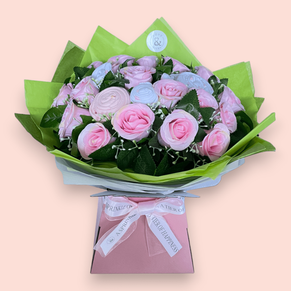 Love & Tiers Ltd Sweet Beginnings Baby Clothes & Roses Bouquet Bouquet, Christening, Gender Reveal, Girls, New Parents, Pink, Shower