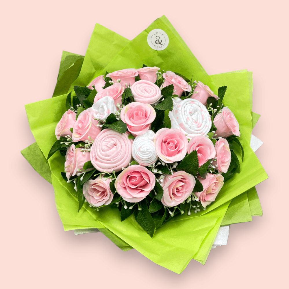 Love & Tiers Ltd Sweet Beginnings Baby Clothes & Roses Bouquet Bouquet, Christening, Gender Reveal, Girls, New Parents, Pink, Shower