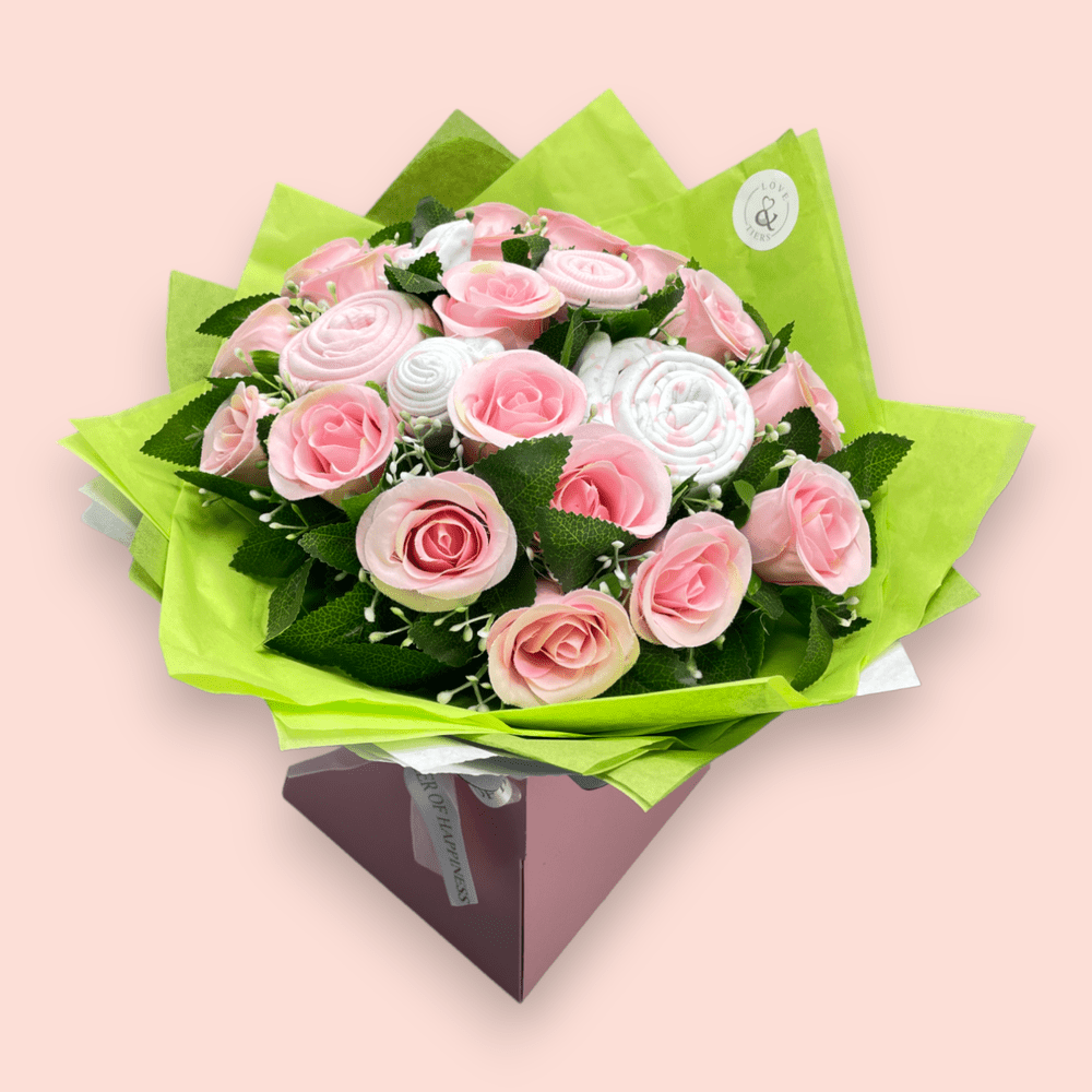 Love & Tiers Ltd Sweet Beginnings Baby Clothes & Roses Bouquet Bouquet, Christening, Gender Reveal, Girls, New Parents, Pink, Shower